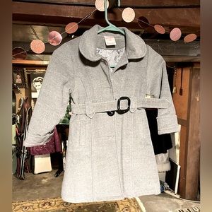 classic kids jacket - gray peacoat with belt buckle and pleated hem